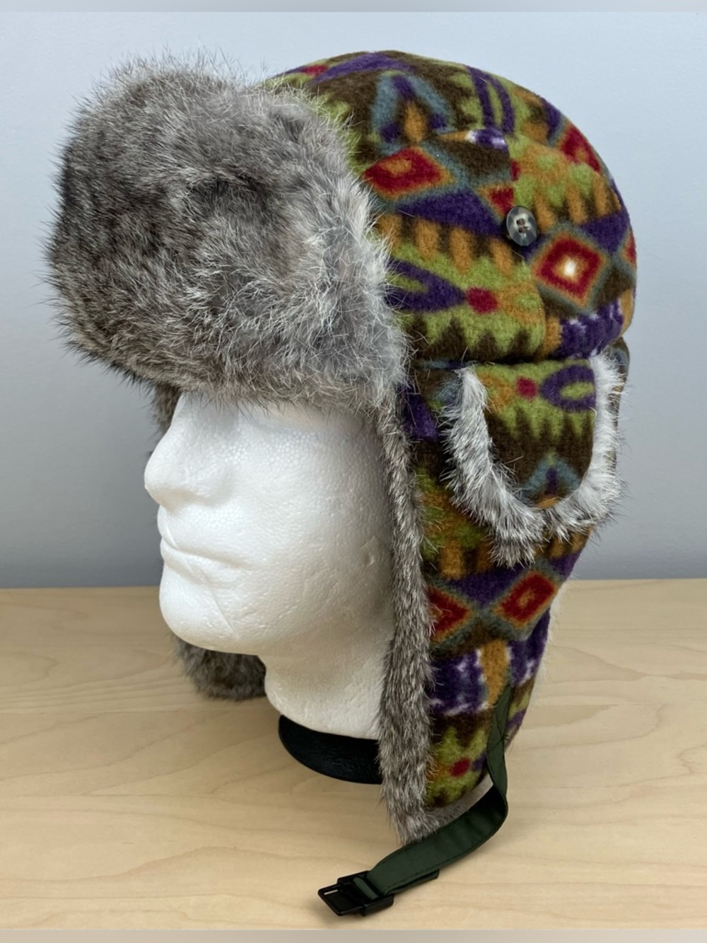 Lil Mad Bomber Kids Sz M Winter Trapper Rabbit Fur Hat Ear Flaps Tribal Pattern